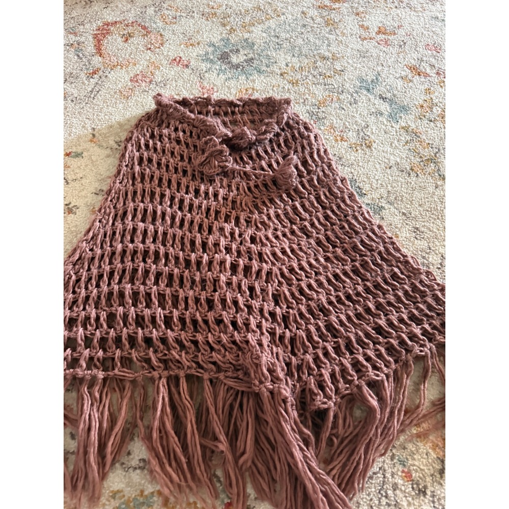 Handmade Mauve Crochet Open Knit Fringe Poncho Boho Capelet Dusty Rose
